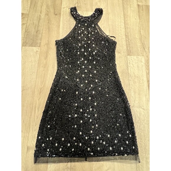 Mori Lee Glam Vintage Mini Halter Sequin Dress Beaded Silver Size 6 - Picture 4 of 9